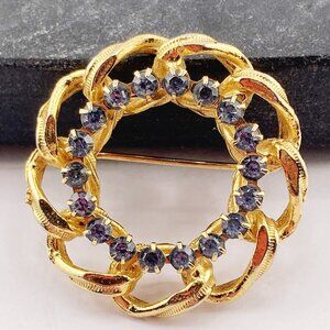 VINTAGE Textured gold tone metal and light blue circle wreath brooch jewelry pin